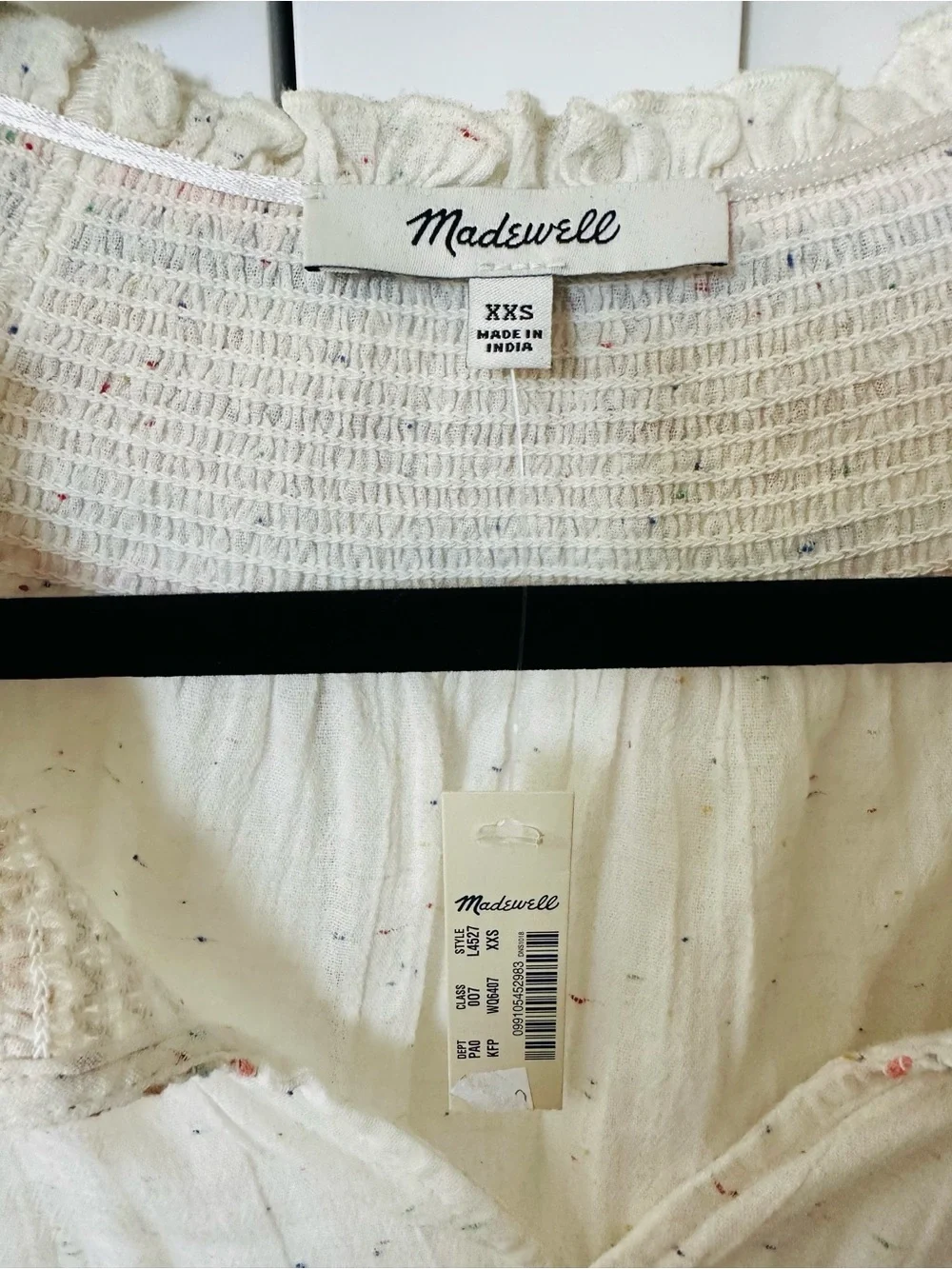 NWT Madewell White Speckled Peasant Blouse with Multicolor Embroidered Trim